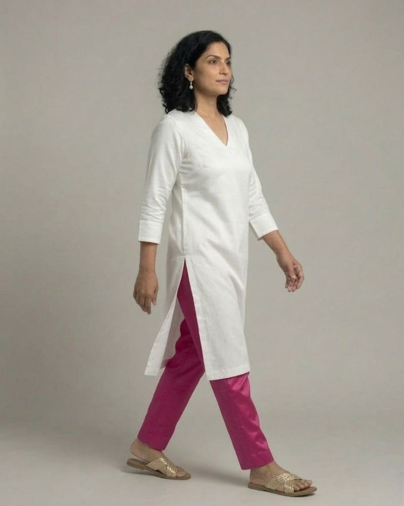Ivory Cotton Satin Kurta Set with Fuchsia Pants - Off-White