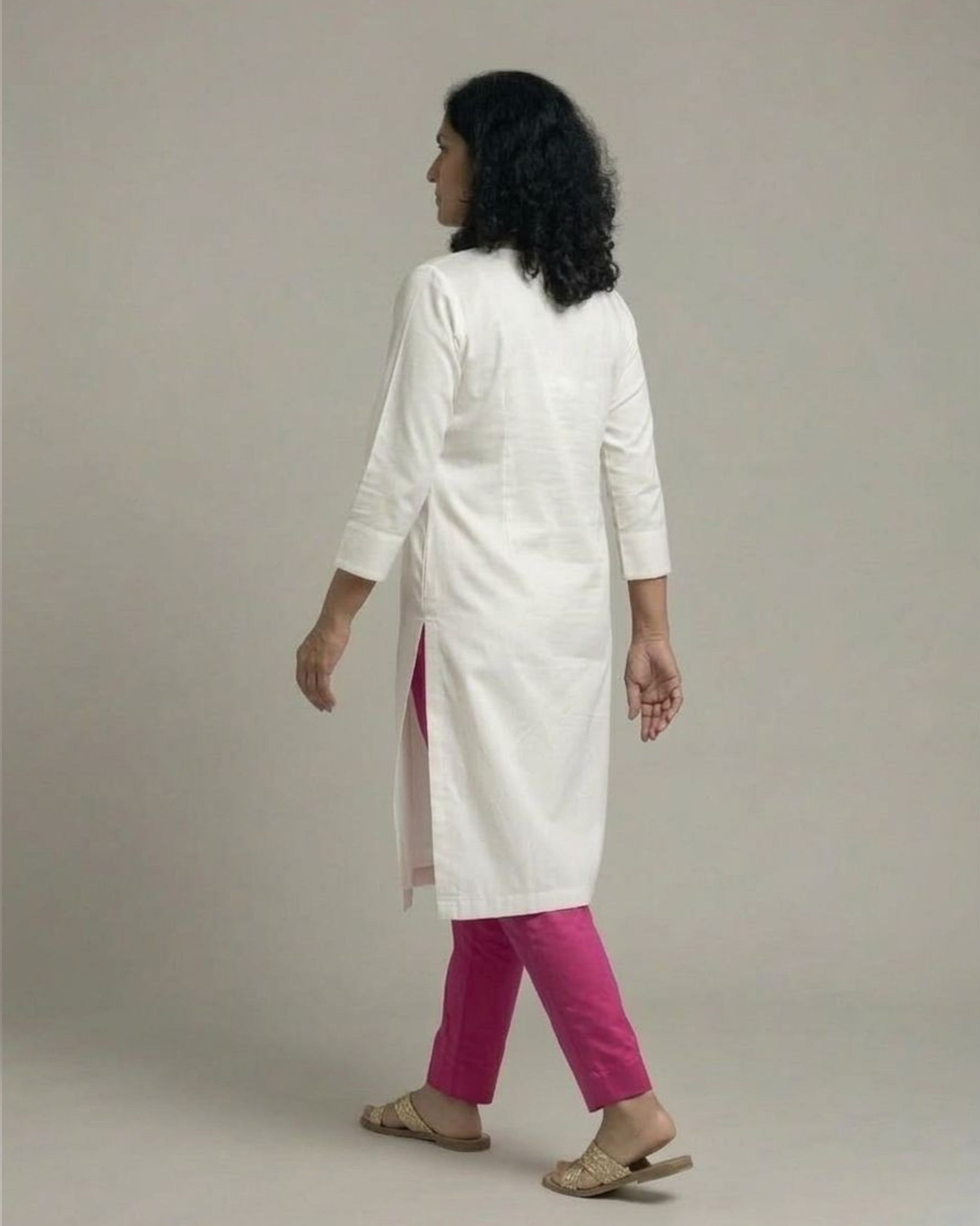 Ivory Cotton Satin Kurta Set with Fuchsia Pants - Off-White