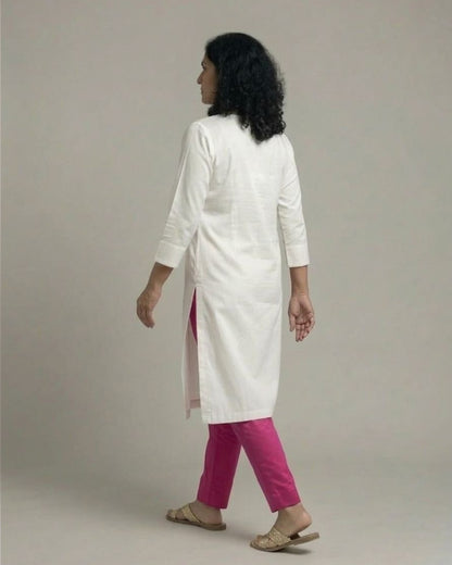 Ivory Cotton Satin Kurta Set with Fuchsia Pants - Off-White