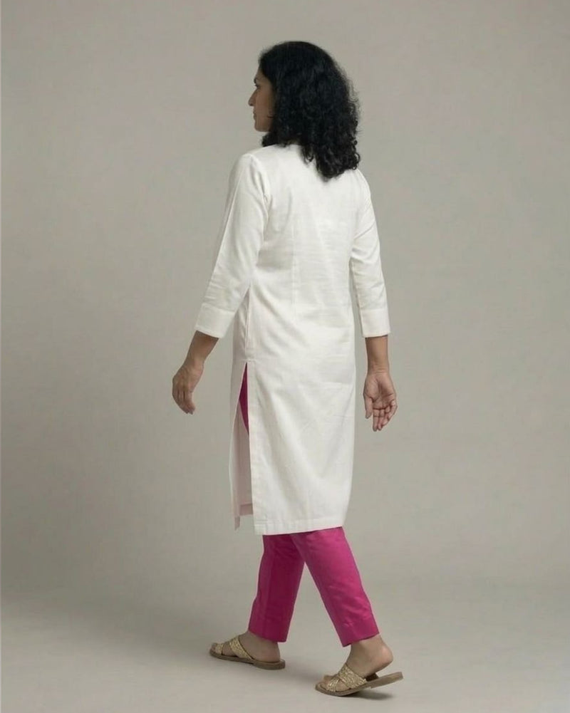 Ivory Cotton Satin Kurta Set with Fuchsia Pants - Off-White