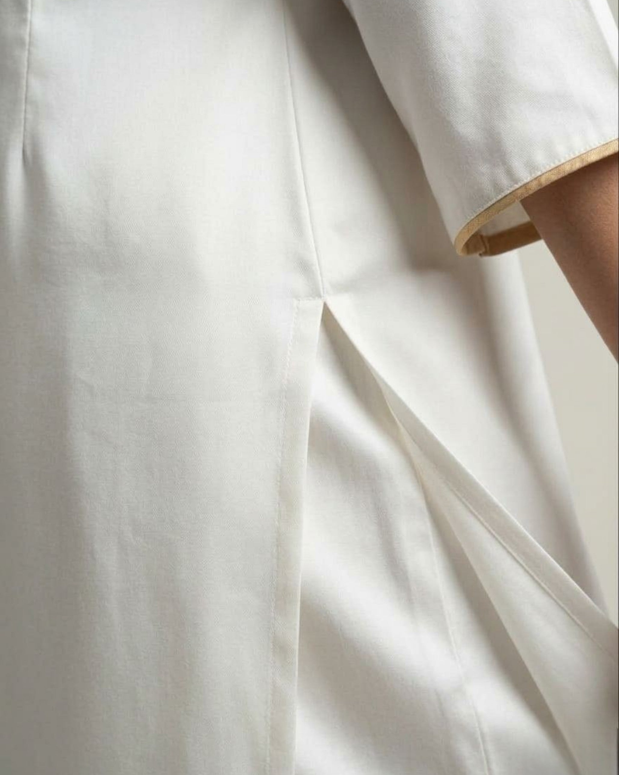 Ivory Cotton Satin Kurta Set with Ivory Pants- Off-White
