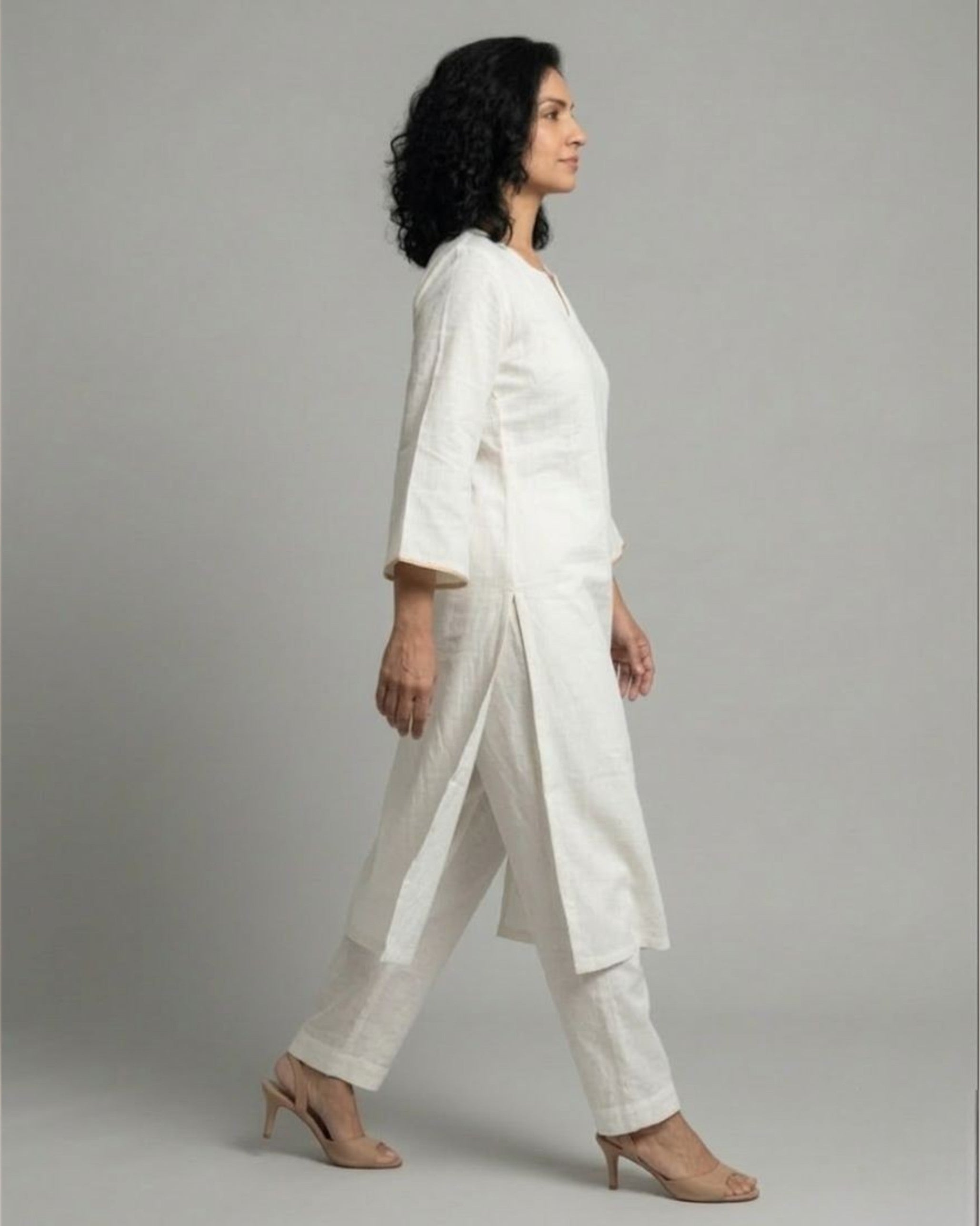 Ivory Cotton Satin Kurta Set with Ivory Pants- Off-White