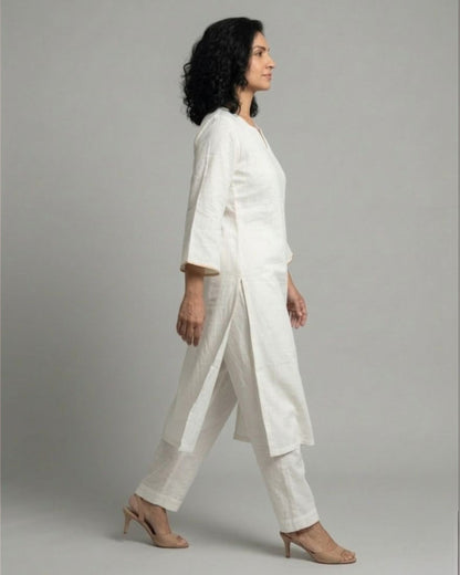 Ivory Cotton Satin Kurta Set with Ivory Pants- Off-White