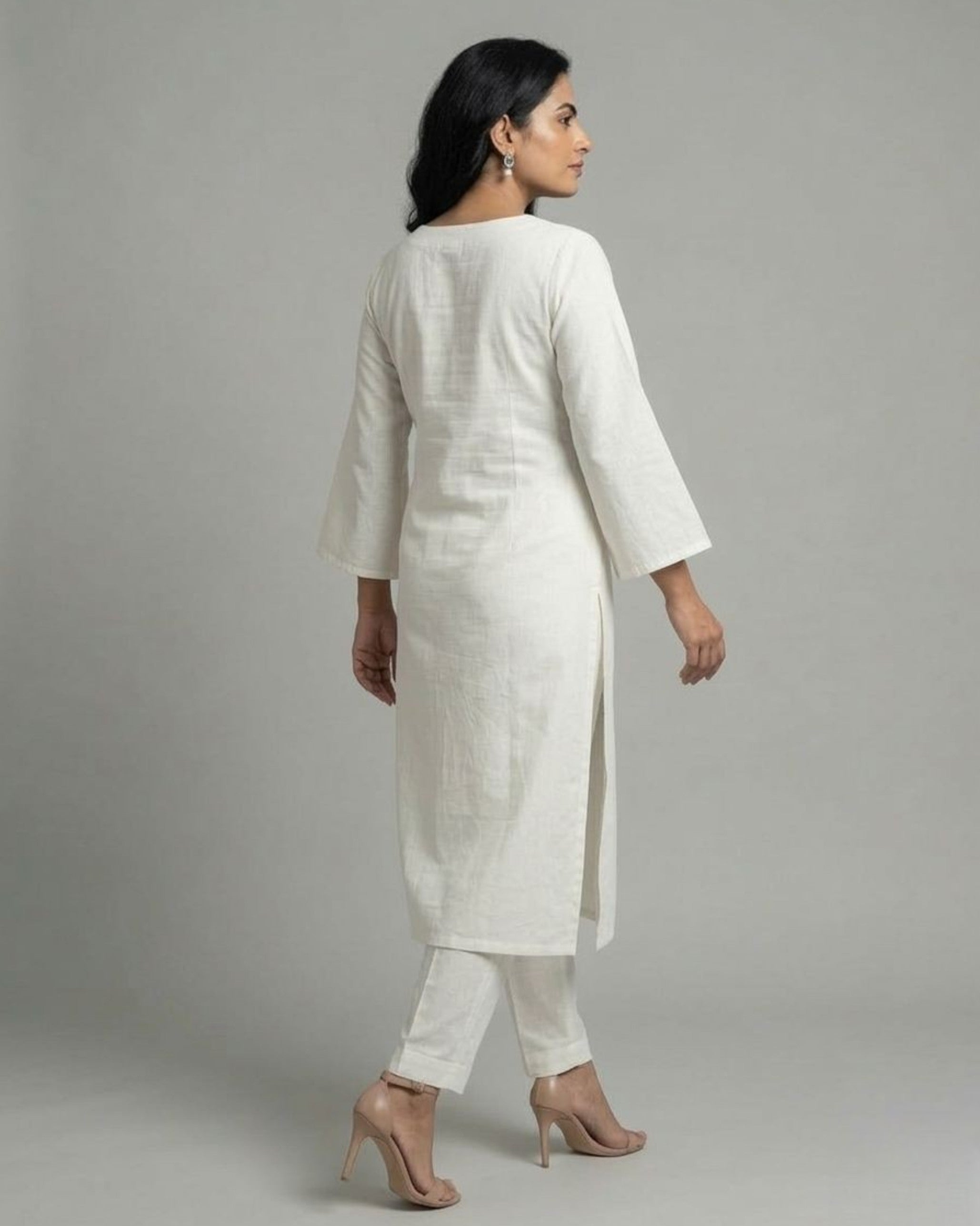 Ivory Cotton Satin Kurta Set with Ivory Pants- Off-White
