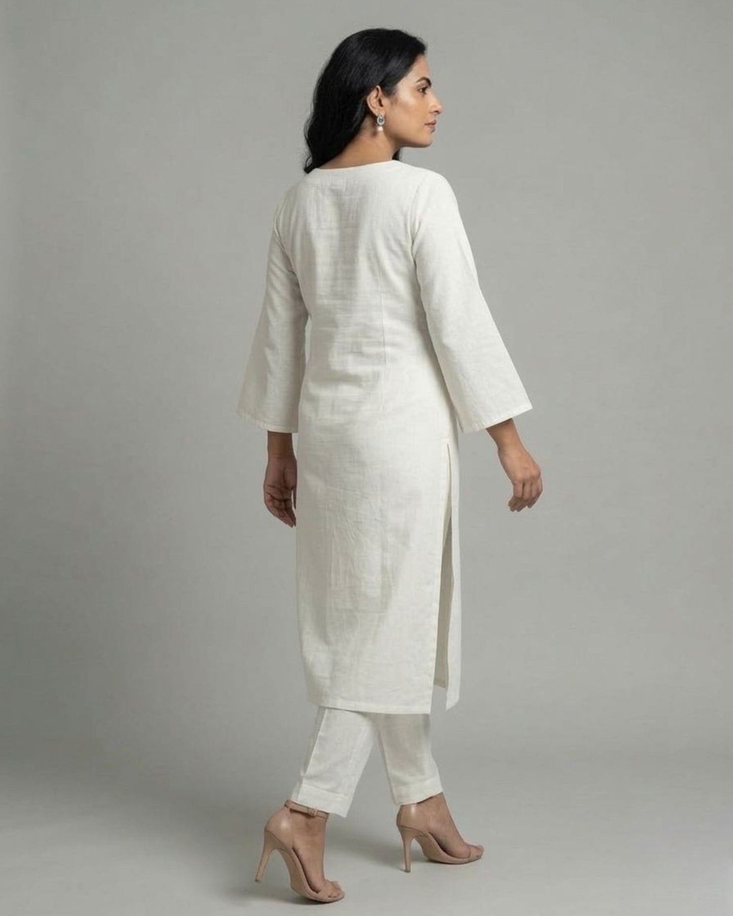 Ivory Cotton Satin Kurta Set with Ivory Pants- Off-White