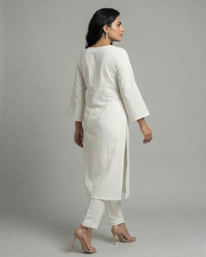 Ivory Cotton Satin Kurta Set with Ivory Pants- Off-White