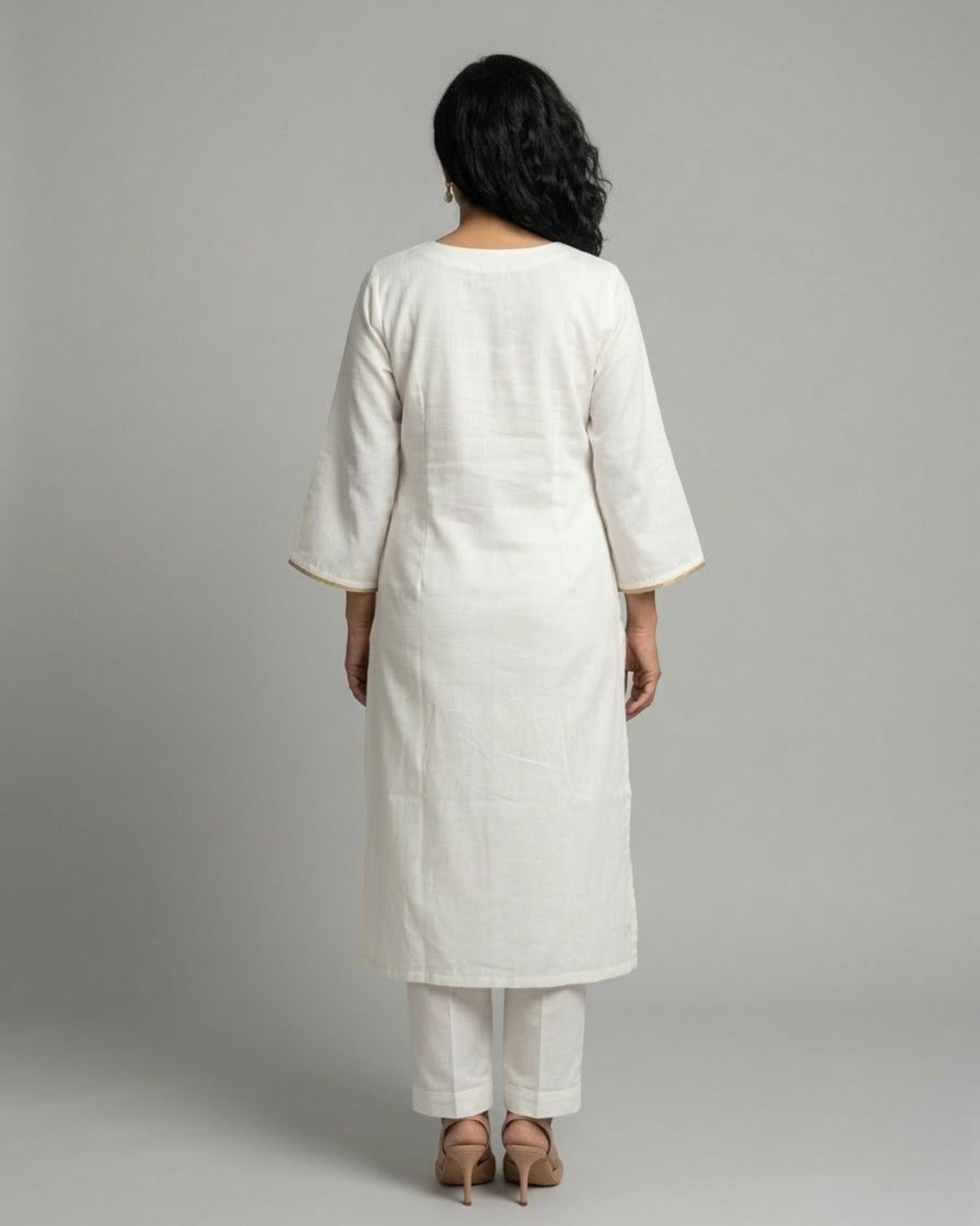 Ivory Cotton Satin Kurta Set with Ivory Pants- Off-White