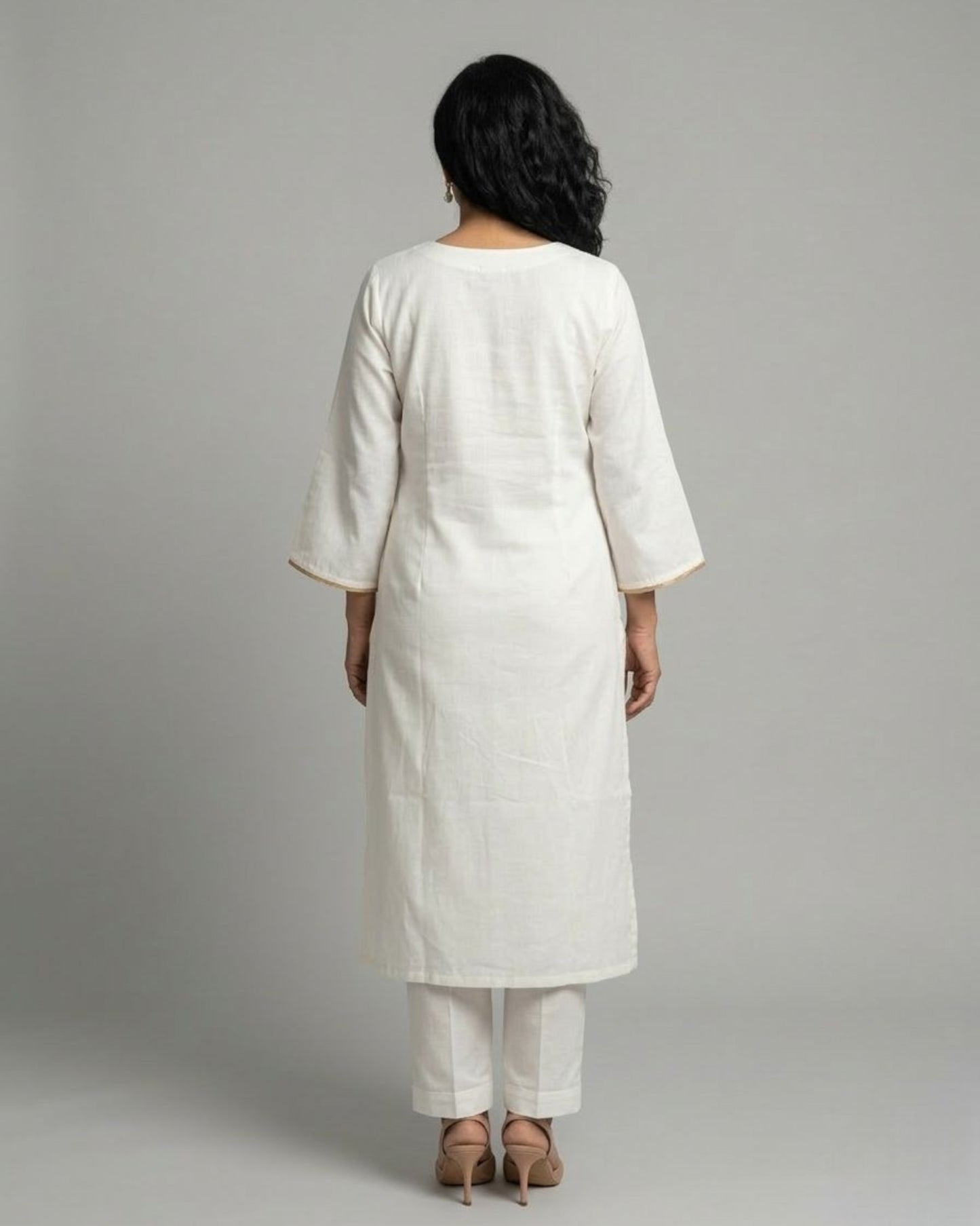Ivory Cotton Satin Kurta Set with Ivory Pants- Off-White