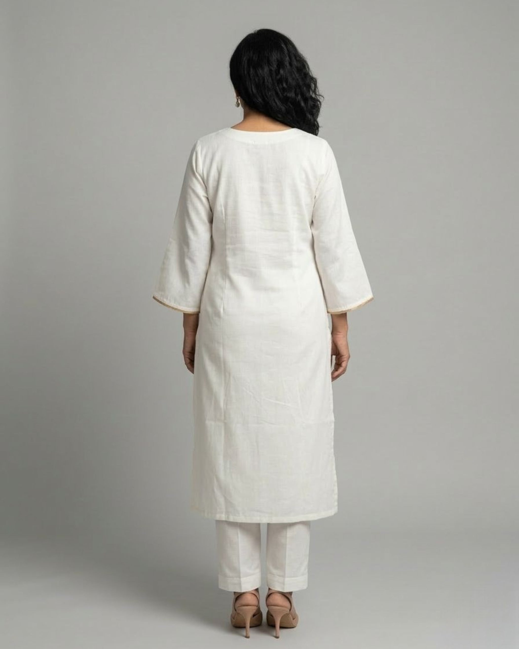 Ivory Cotton Satin Kurta Set with Ivory Pants- Off-White