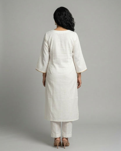 Ivory Cotton Satin Kurta Set with Ivory Pants- Off-White