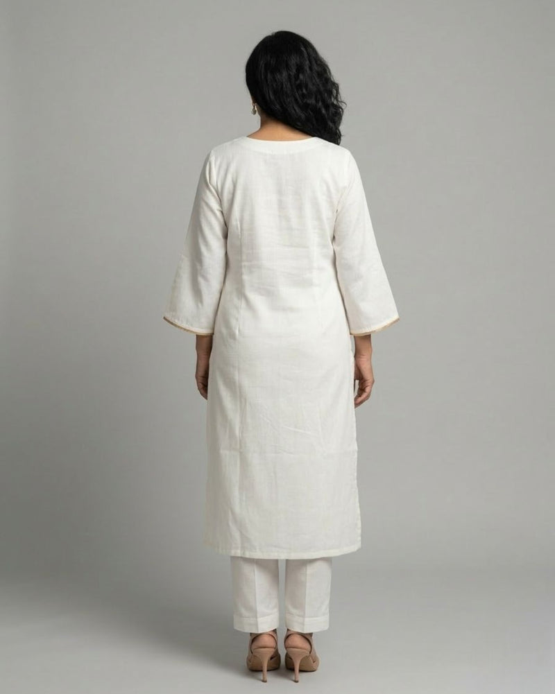 Ivory Cotton Satin Kurta Set with Ivory Pants- Off-White