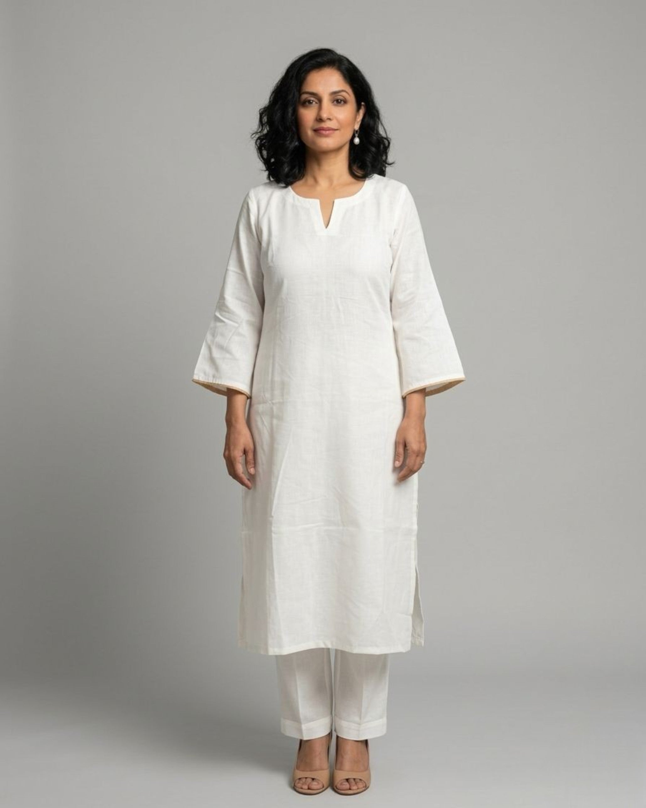 Ivory Cotton Satin Kurta Set with Ivory Pants- Off-White