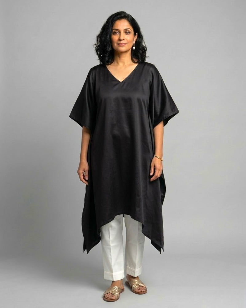 Black Cotton Satin Asymmetric Kaftan Coord Set - Black