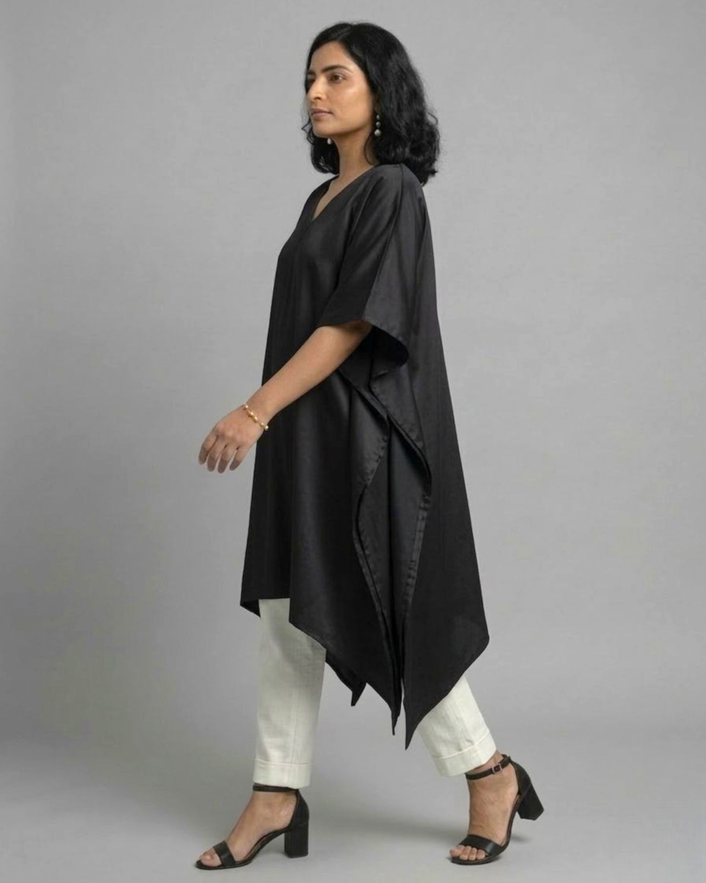 Black Cotton Satin Asymmetric Kaftan Coord Set - Black