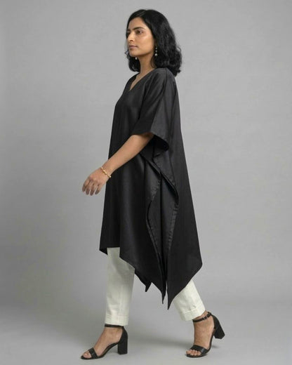 Black Cotton Satin Asymmetric Kaftan Coord Set - Black