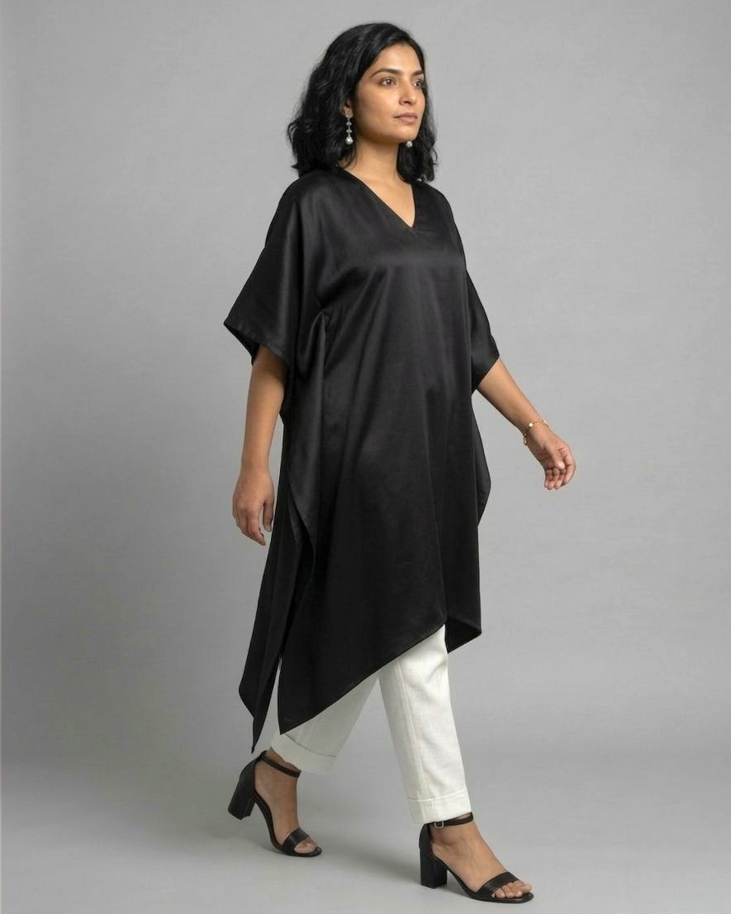 Black Cotton Satin Asymmetric Kaftan Coord Set - Black