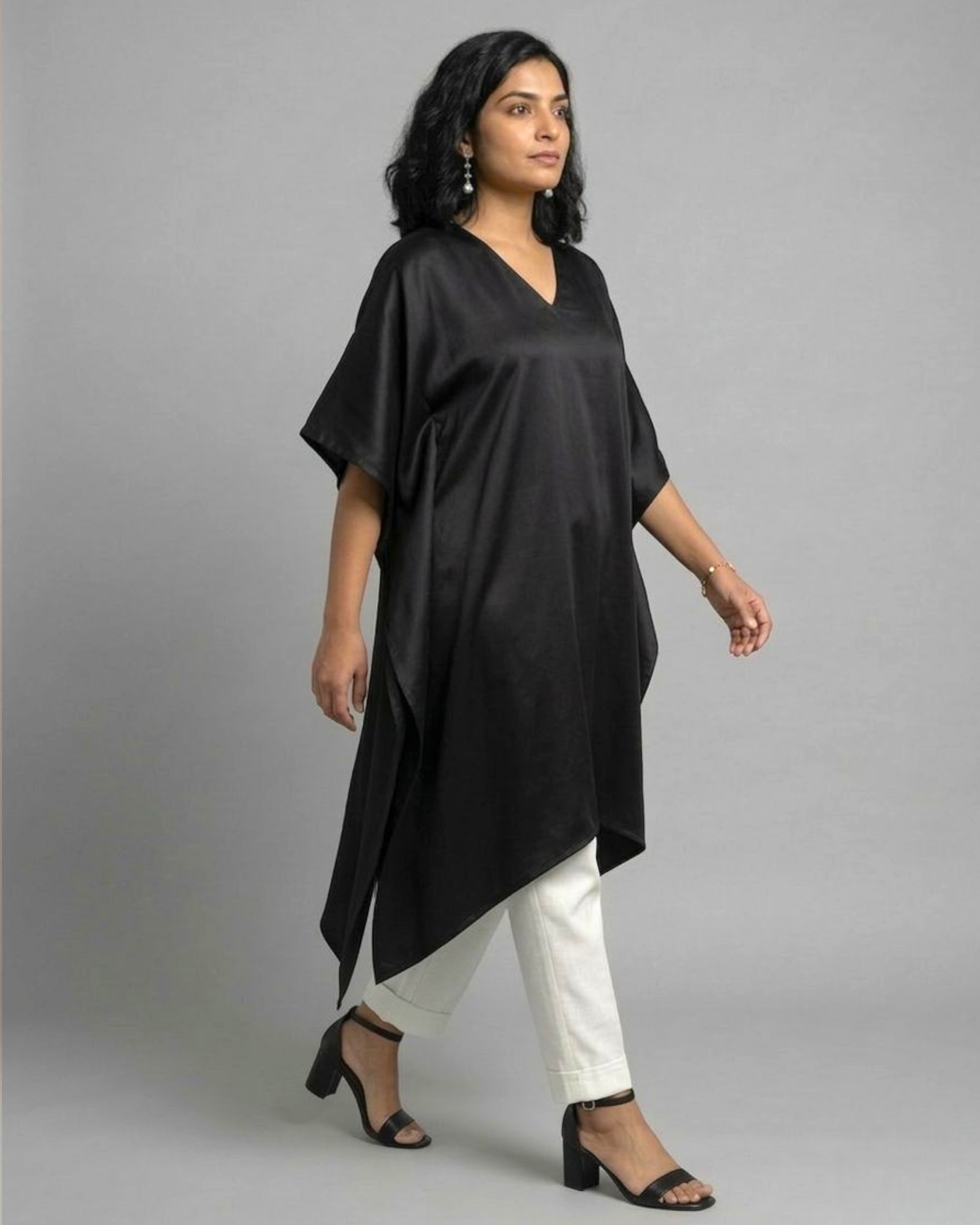 Black Cotton Satin Asymmetric Kaftan Coord Set - Black