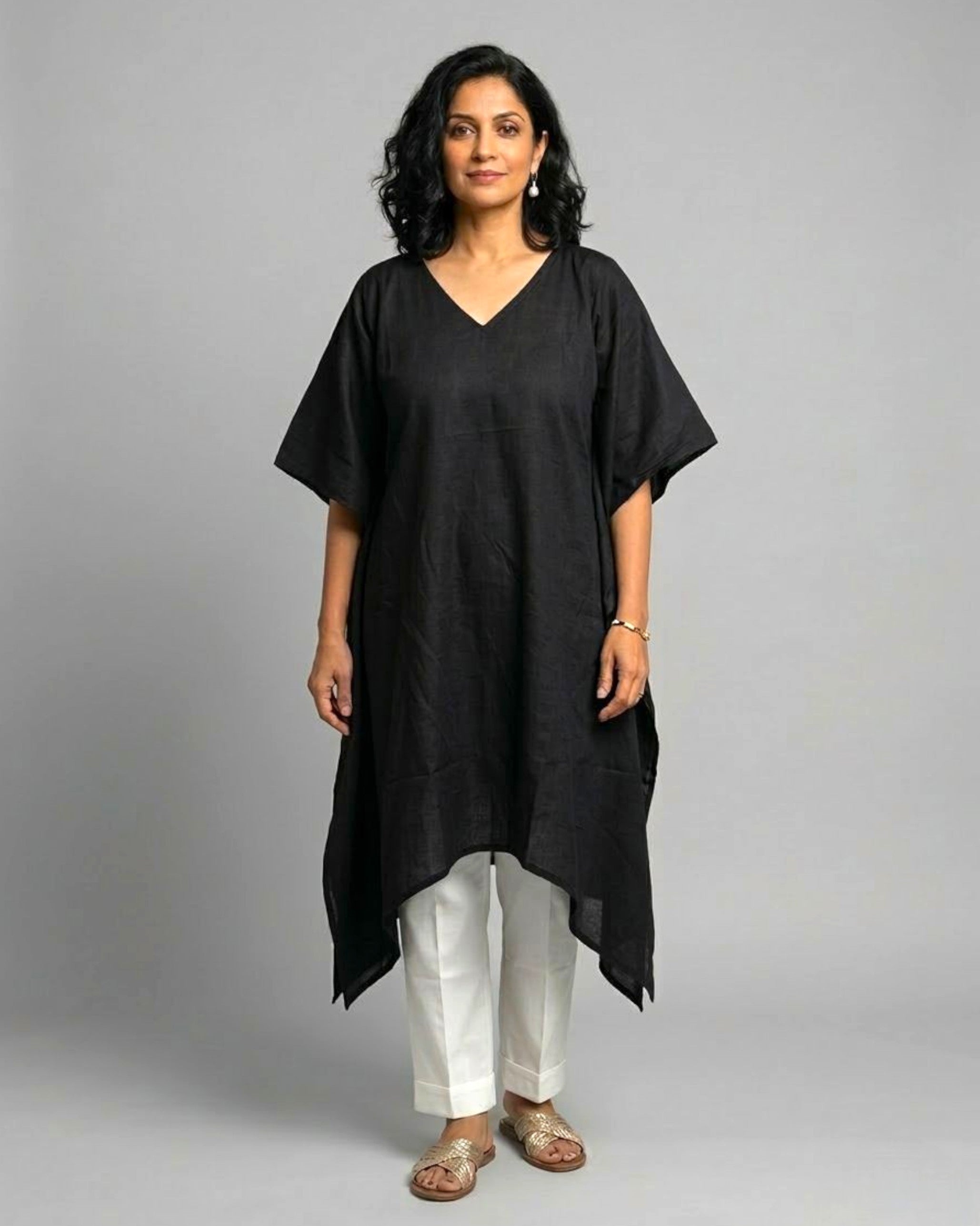 Black Cotton Satin Asymmetric Kaftan Coord Set - Black