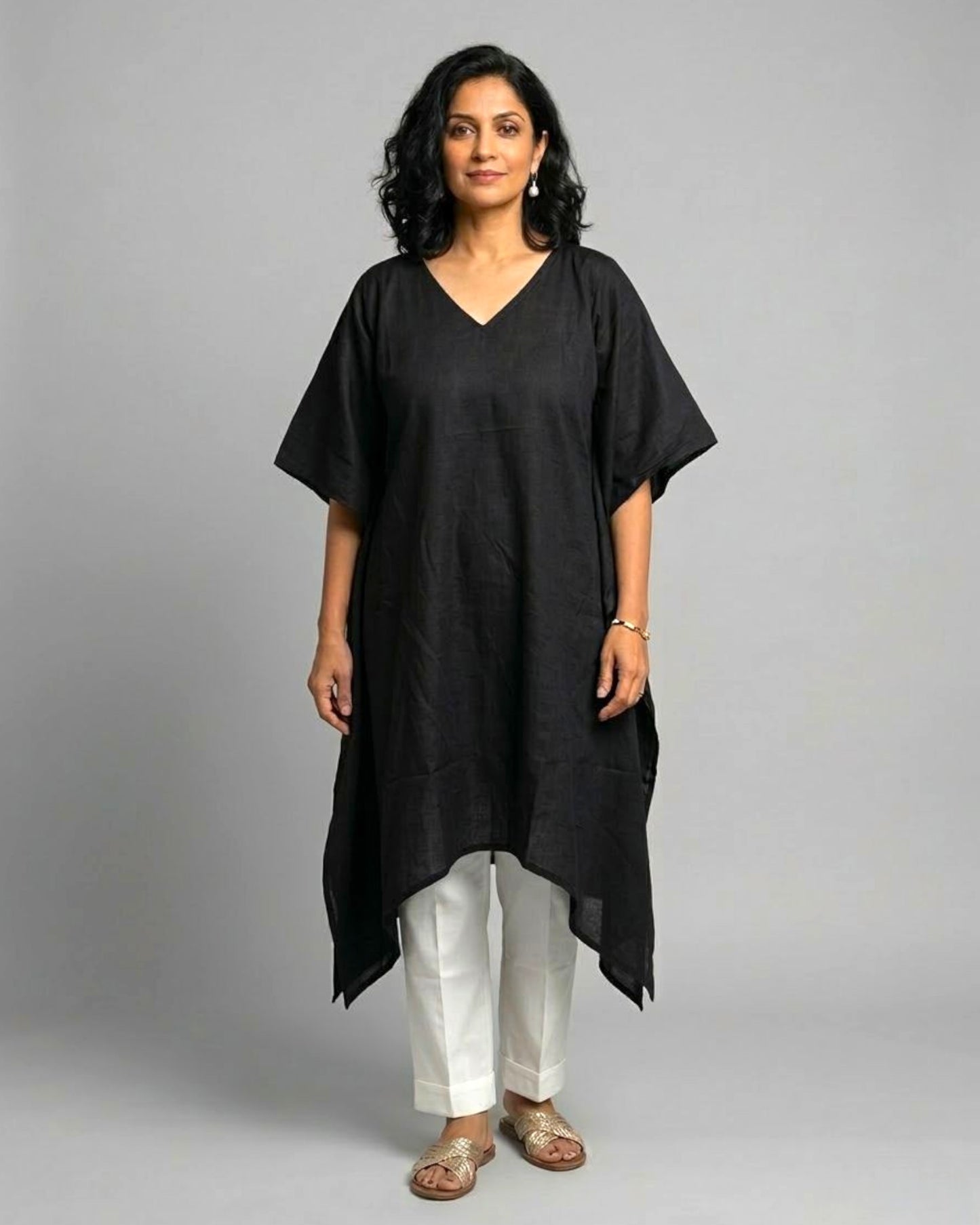 Black Cotton Satin Asymmetric Kaftan Coord Set - Black