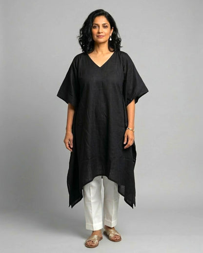 Black Cotton Satin Asymmetric Kaftan Coord Set - Black