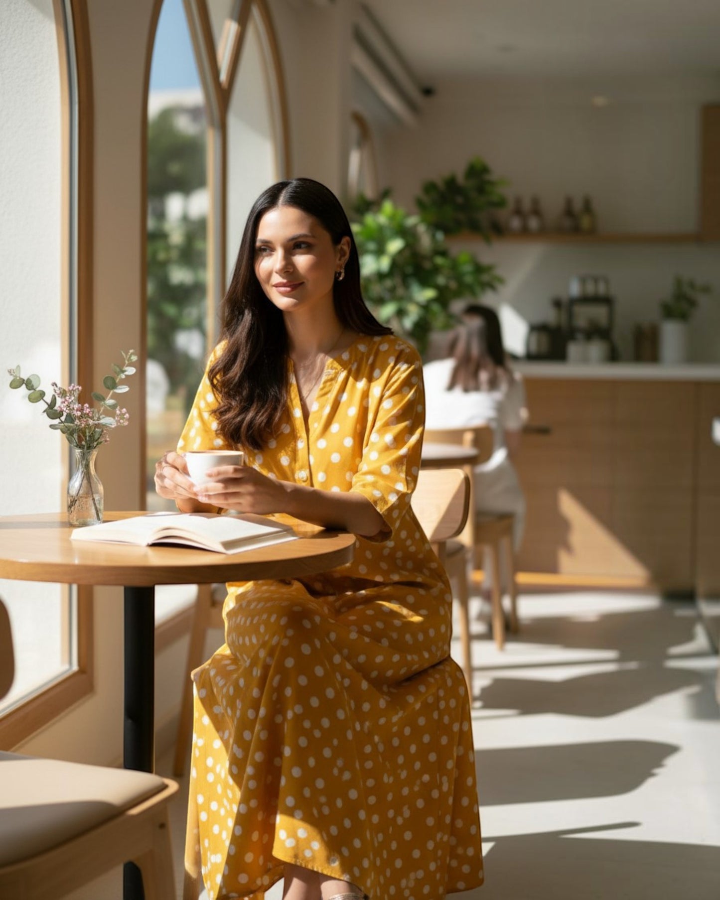 Sunshine Long A-line Cotton Dress – Mustard Polka Print