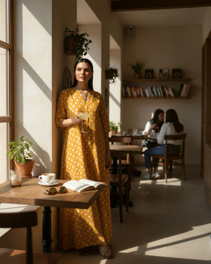 Sunshine Long A-line Cotton Dress – Mustard Polka Print