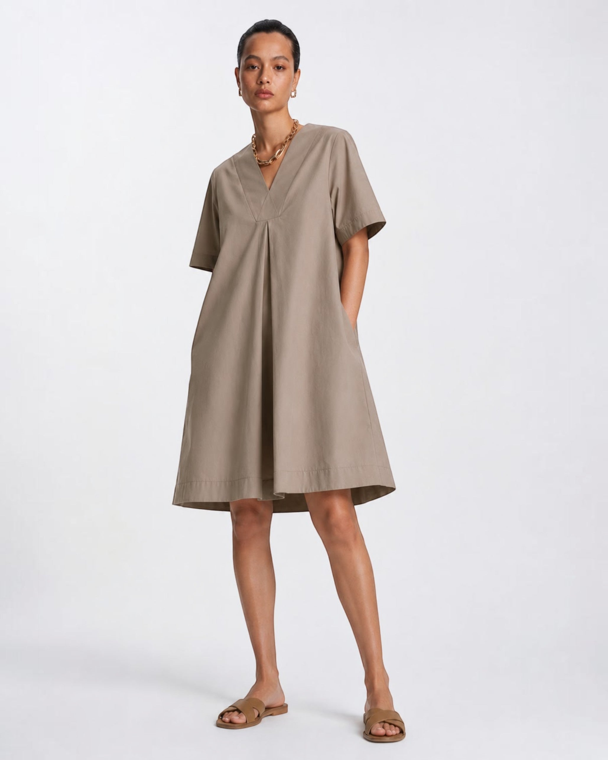 Dune Ease Short A-line Cotton Dress – Beige