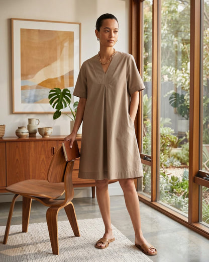 Dune Ease Short A-line Cotton Dress – Beige