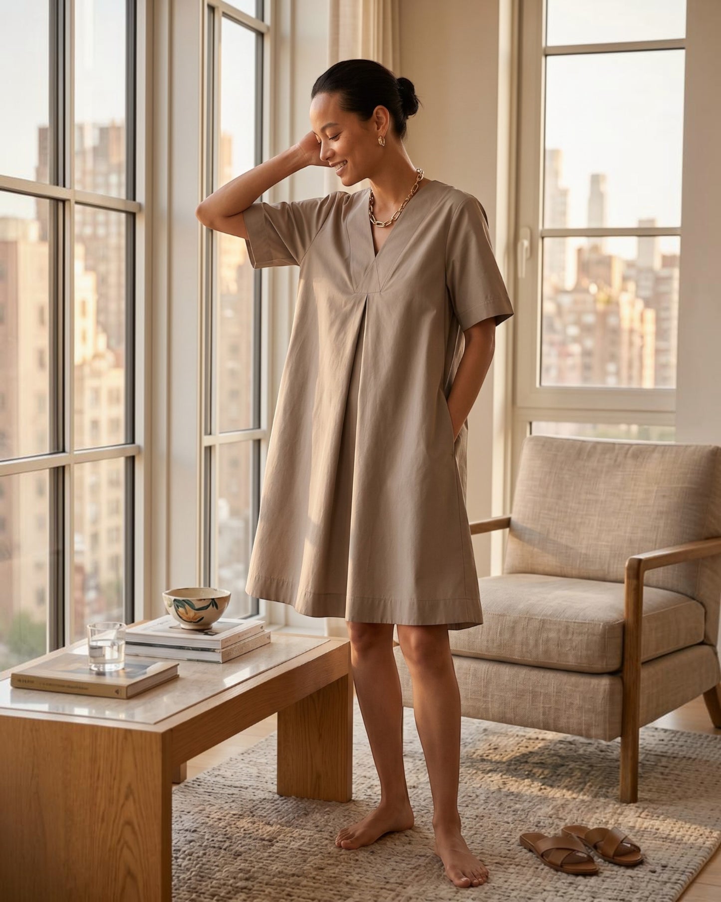 Dune Ease Short A-line Cotton Dress – Beige