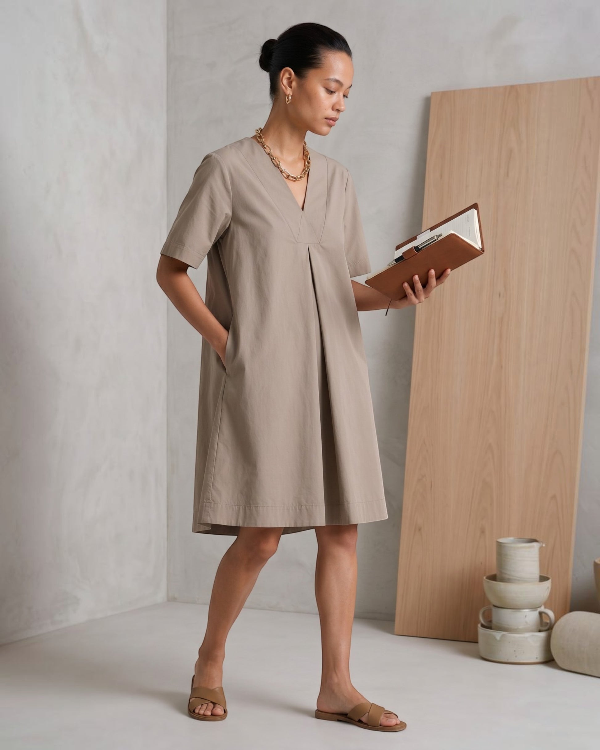 Dune Ease Short A-line Cotton Dress – Beige – Napayi