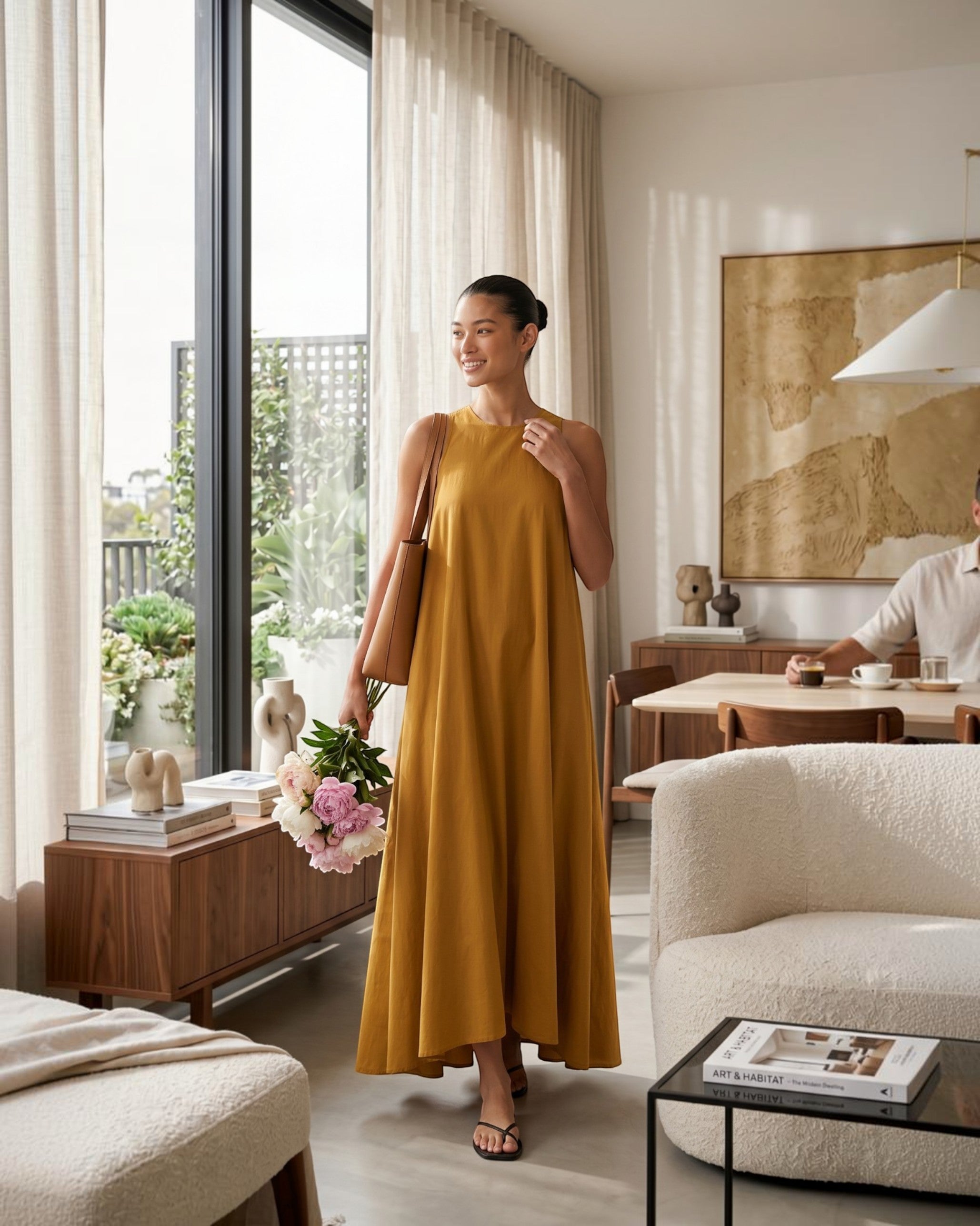 Amber Drift Long A-line Cotton Dress – Golden Apricot