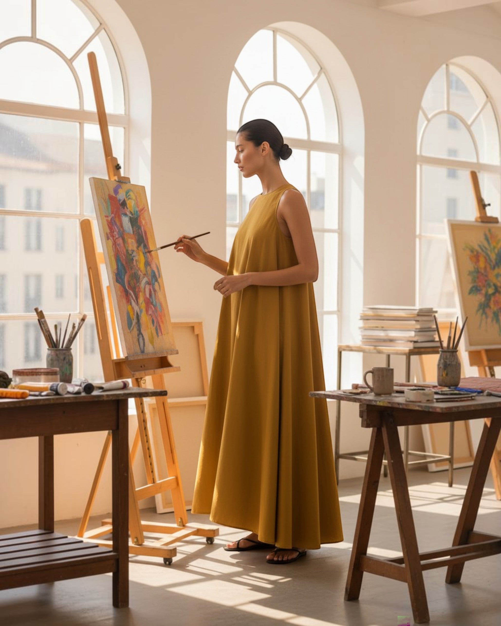 Amber Drift Long A-line Cotton Dress – Golden Apricot