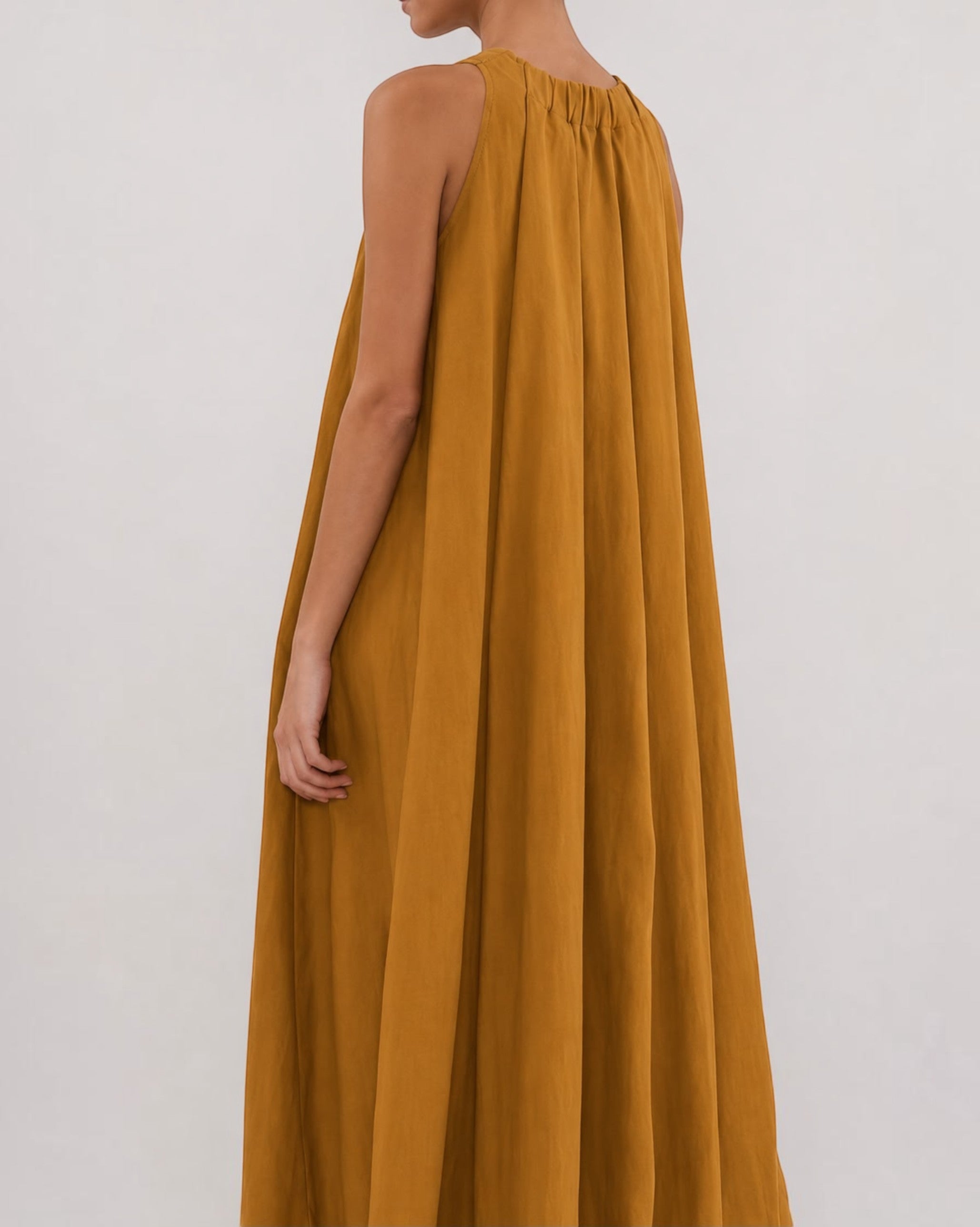Amber Drift Long A-line Cotton Dress – Golden Apricot