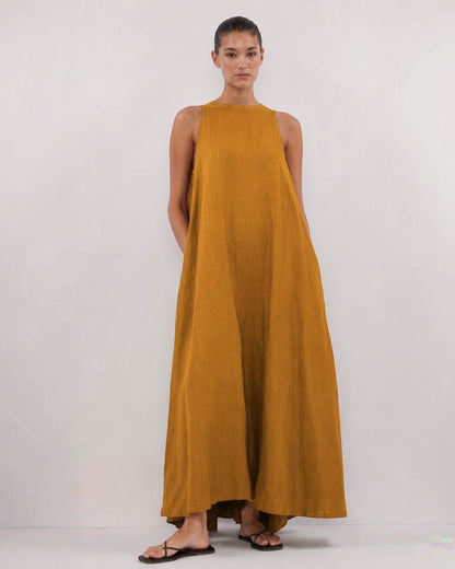 Amber Drift Long A-line Cotton Dress – Golden Apricot