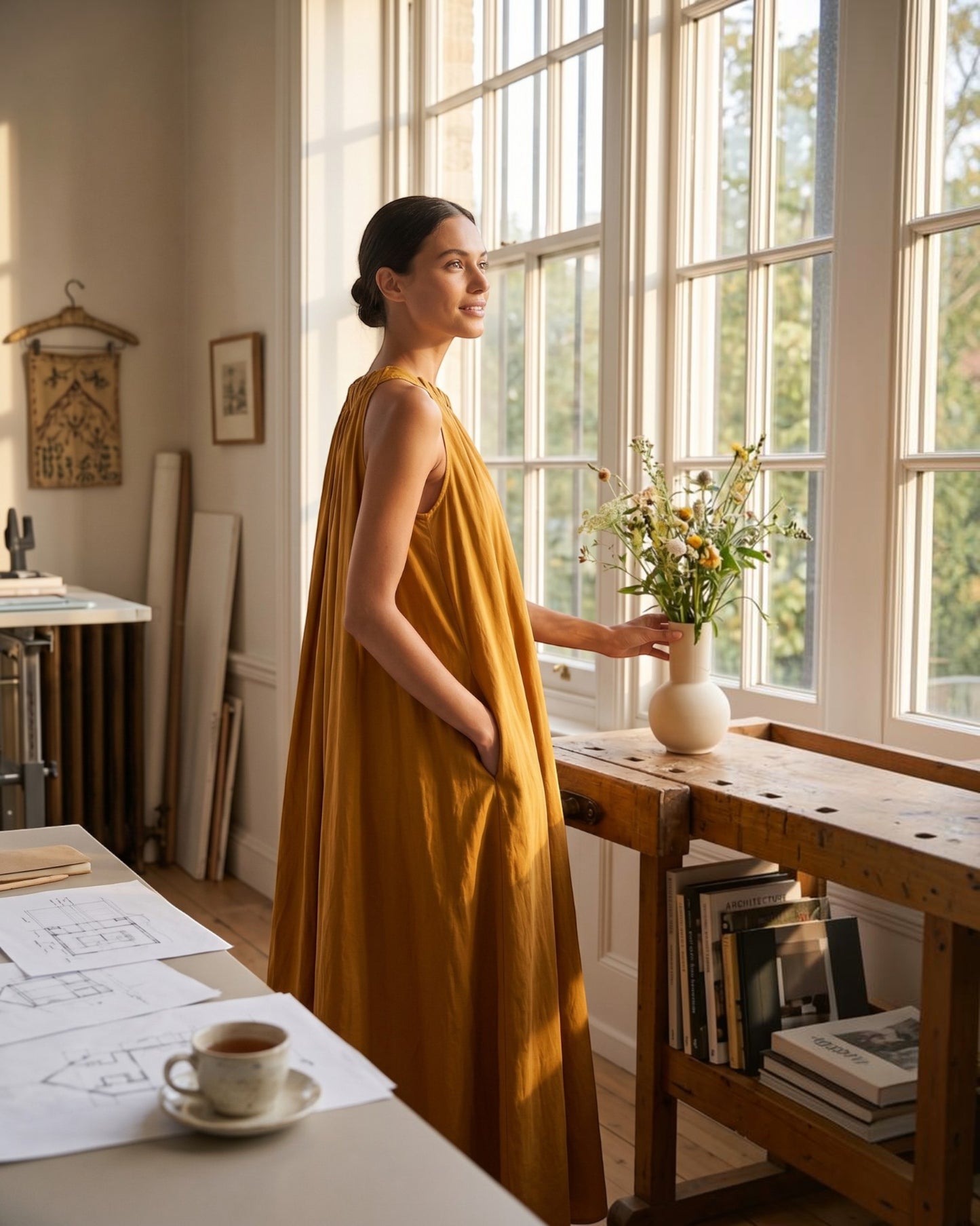 Amber Drift Long A-line Cotton Dress – Golden Apricot