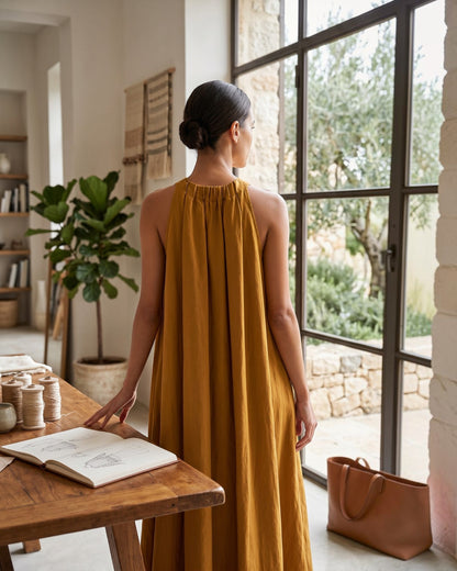 Amber Drift Long A-line Cotton Dress – Golden Apricot