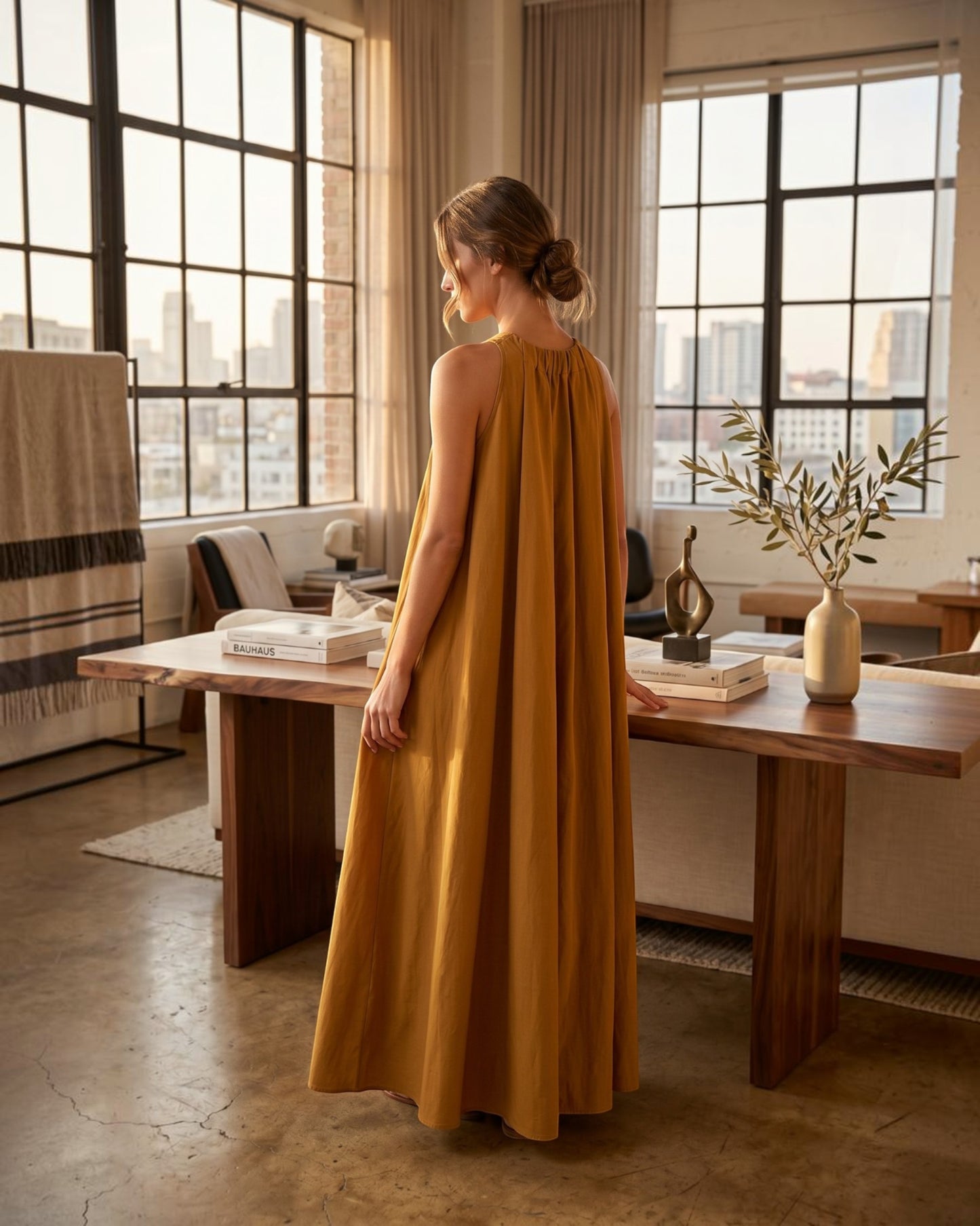 Amber Drift Long A-line Cotton Dress – Golden Apricot