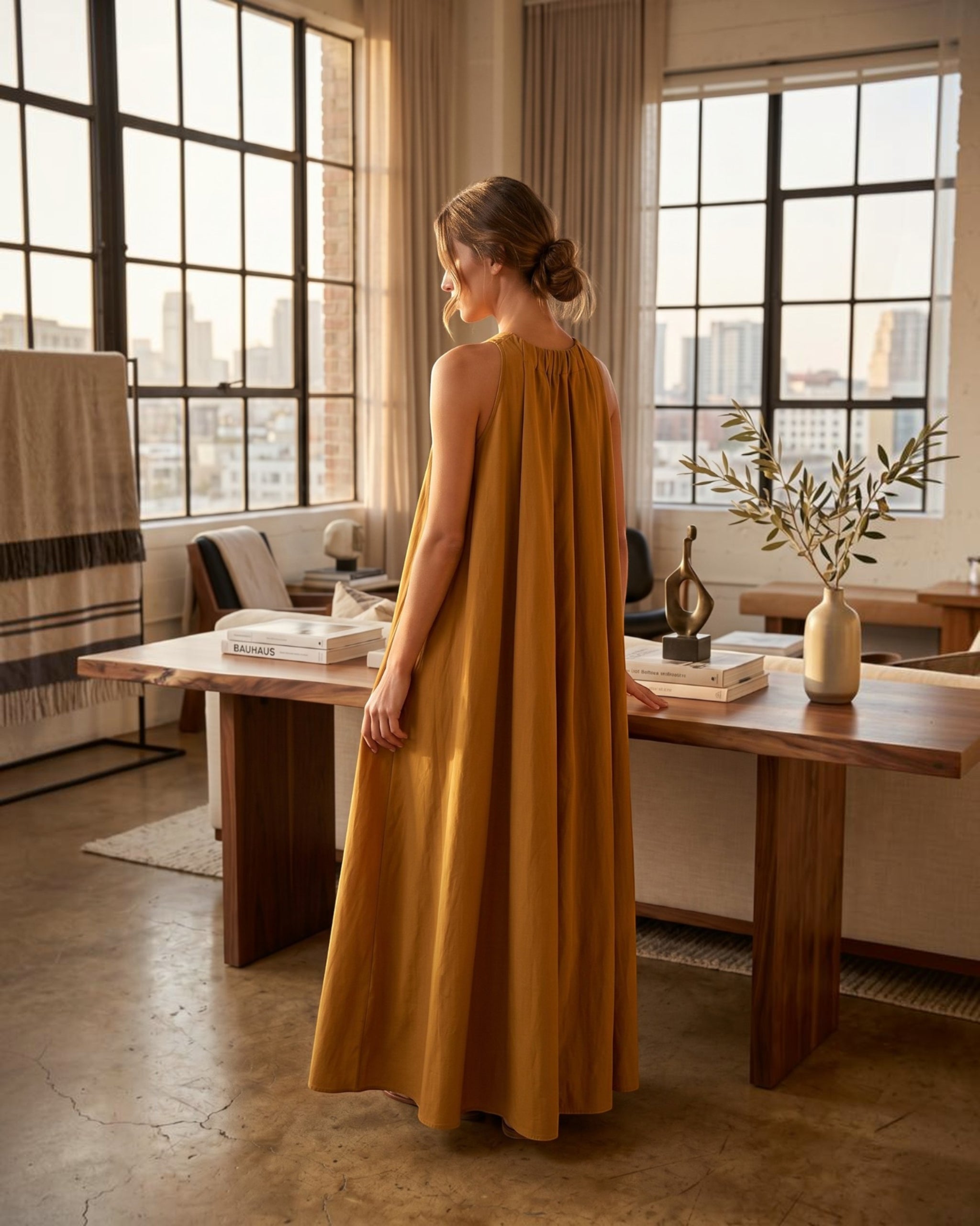 Amber Drift Long A-line Cotton Dress – Golden Apricot