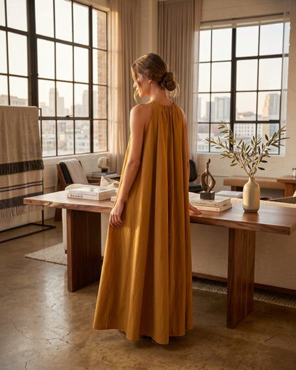 Amber Drift Long A-line Cotton Dress – Golden Apricot