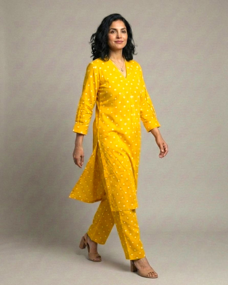 Sunshine Mid-Length Straight Cotton Kurta Set – Mustard Print