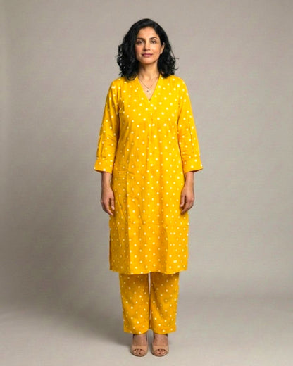 Sunshine Mid-Length Straight Cotton Kurta Set – Mustard Print