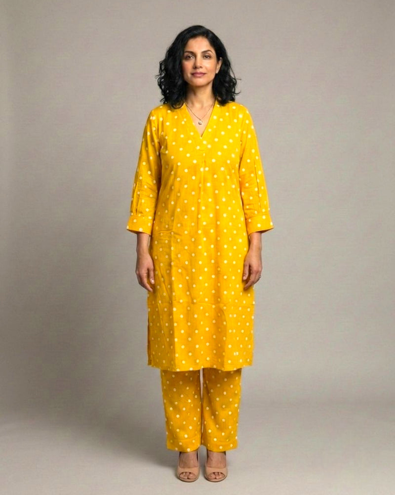Sunshine Mid-Length Straight Cotton Kurta Set – Mustard Print