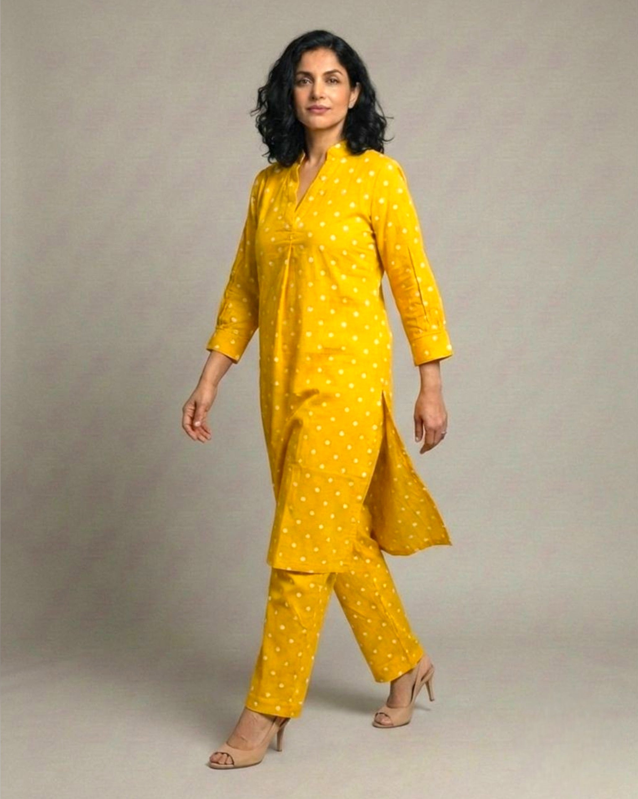 Sunshine Mid-Length Straight Cotton Kurta Set – Mustard Print