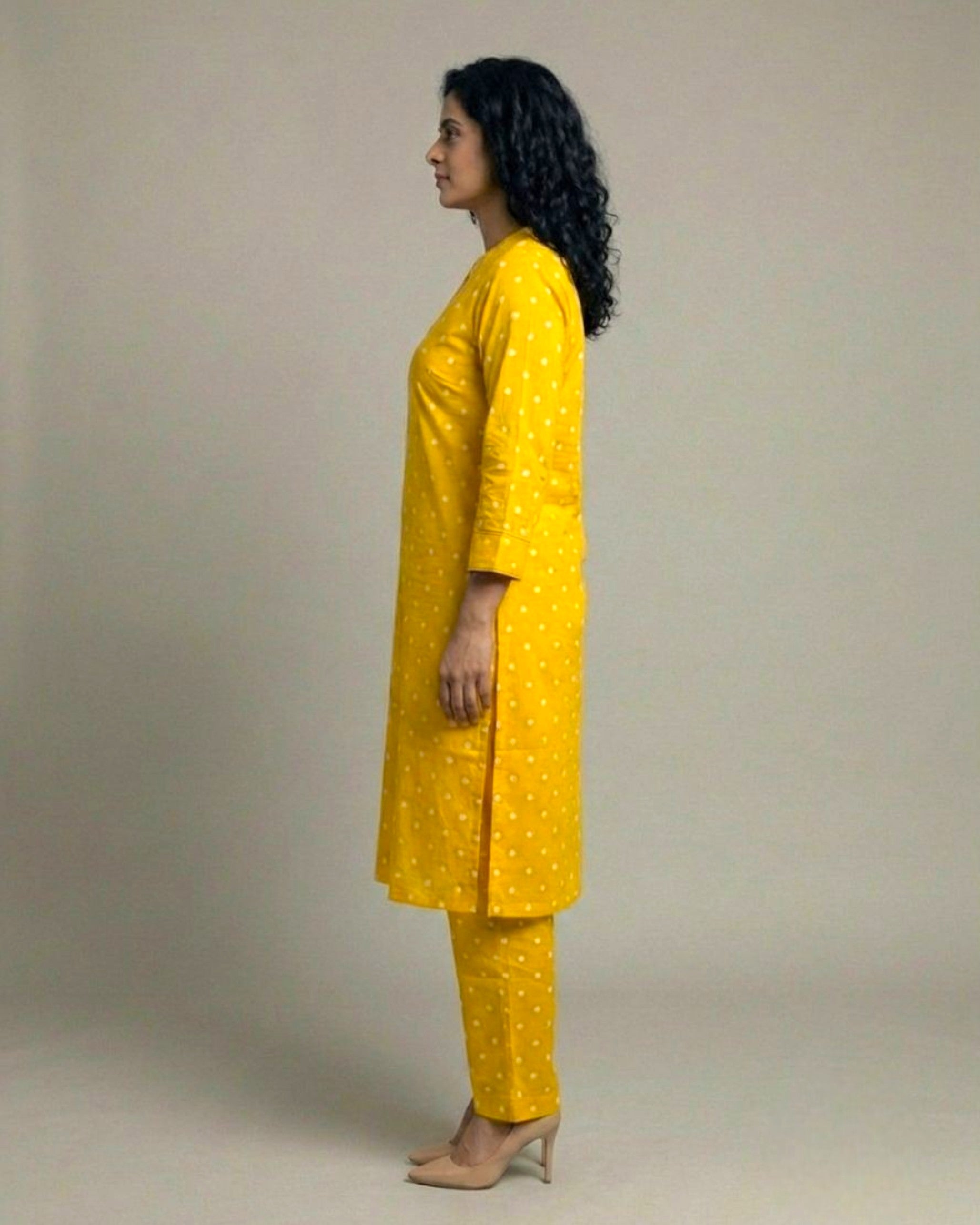 Sunshine Mid-Length Straight Cotton Kurta Set – Mustard Print