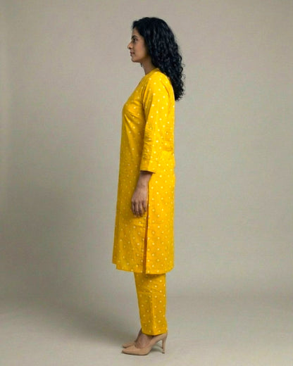 Sunshine Mid-Length Straight Cotton Kurta Set – Mustard Print