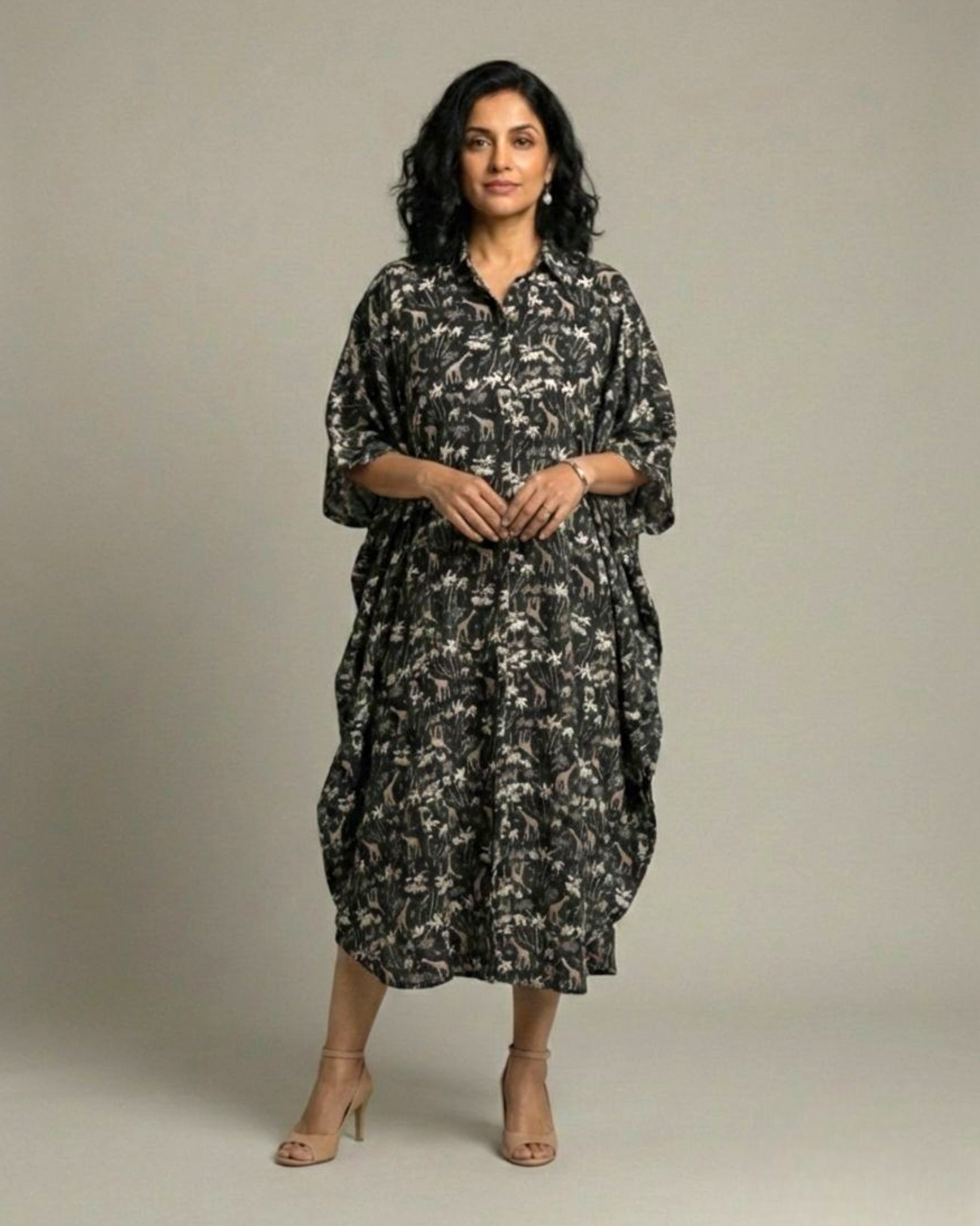 Reverie Midi Kaftan Cotton Dress – Black Print