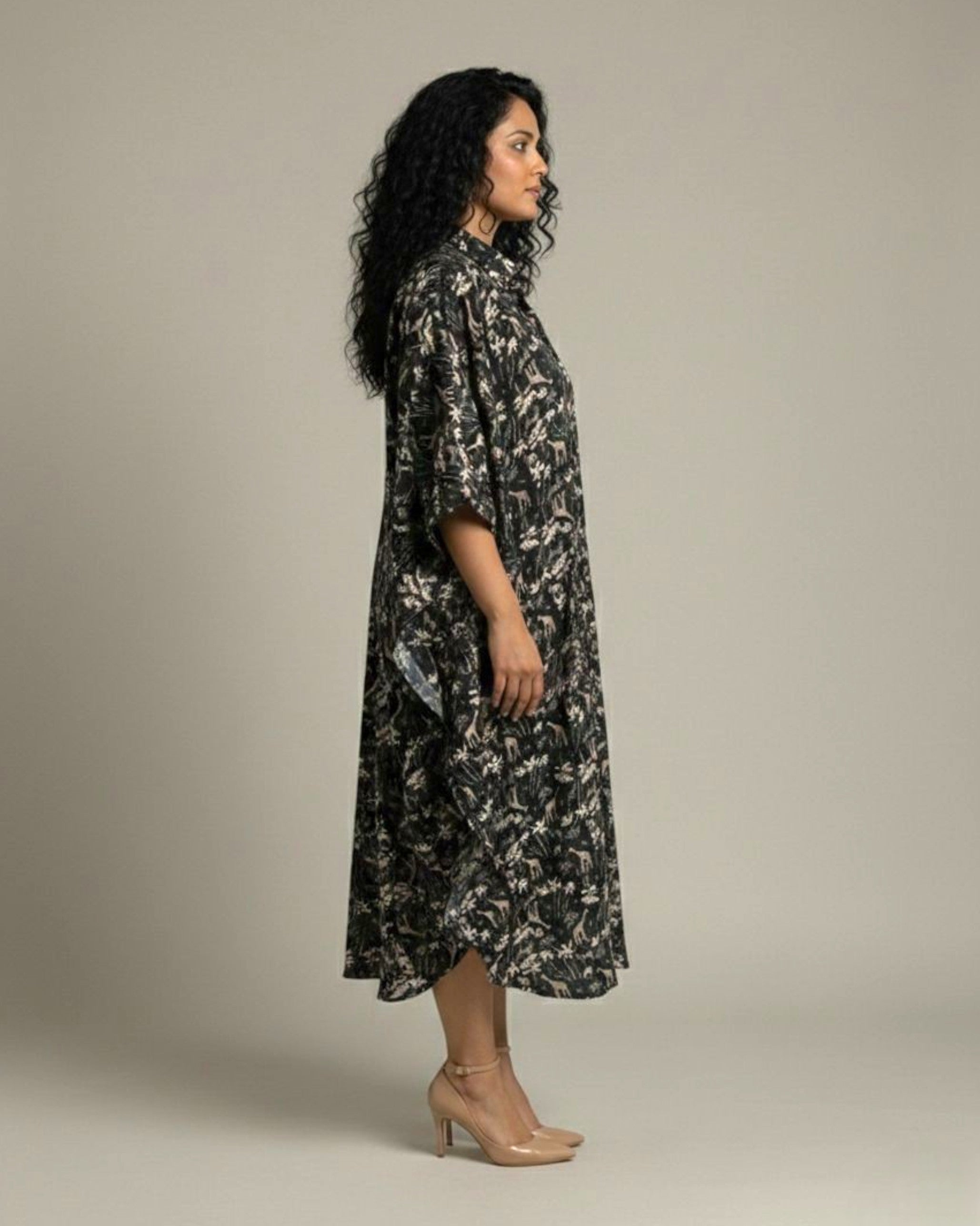 Reverie Midi Kaftan Cotton Dress – Black Print