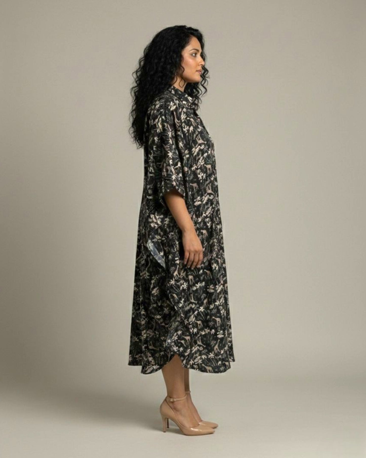 Reverie Midi Kaftan Cotton Dress – Black Print