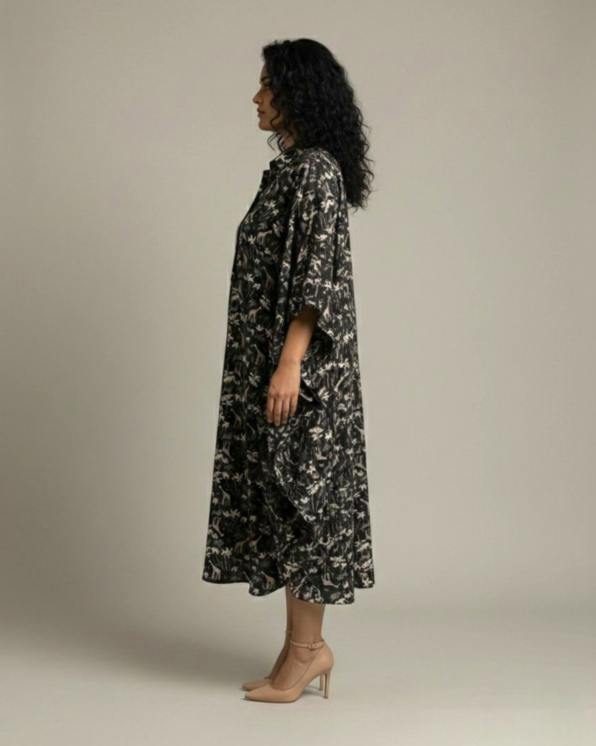 Reverie Midi Kaftan Cotton Dress – Black Print