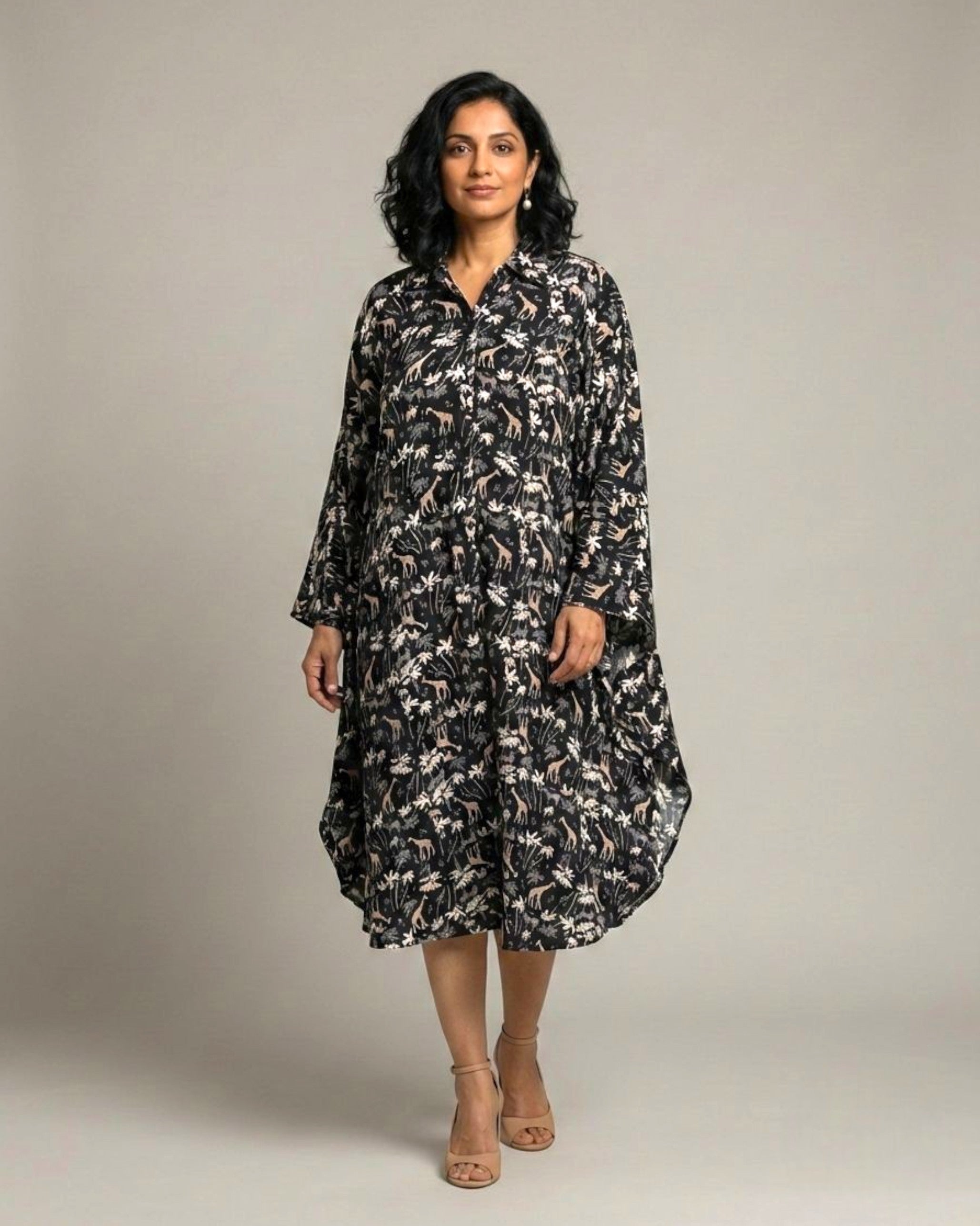 Reverie Midi Kaftan Cotton Dress – Black Print